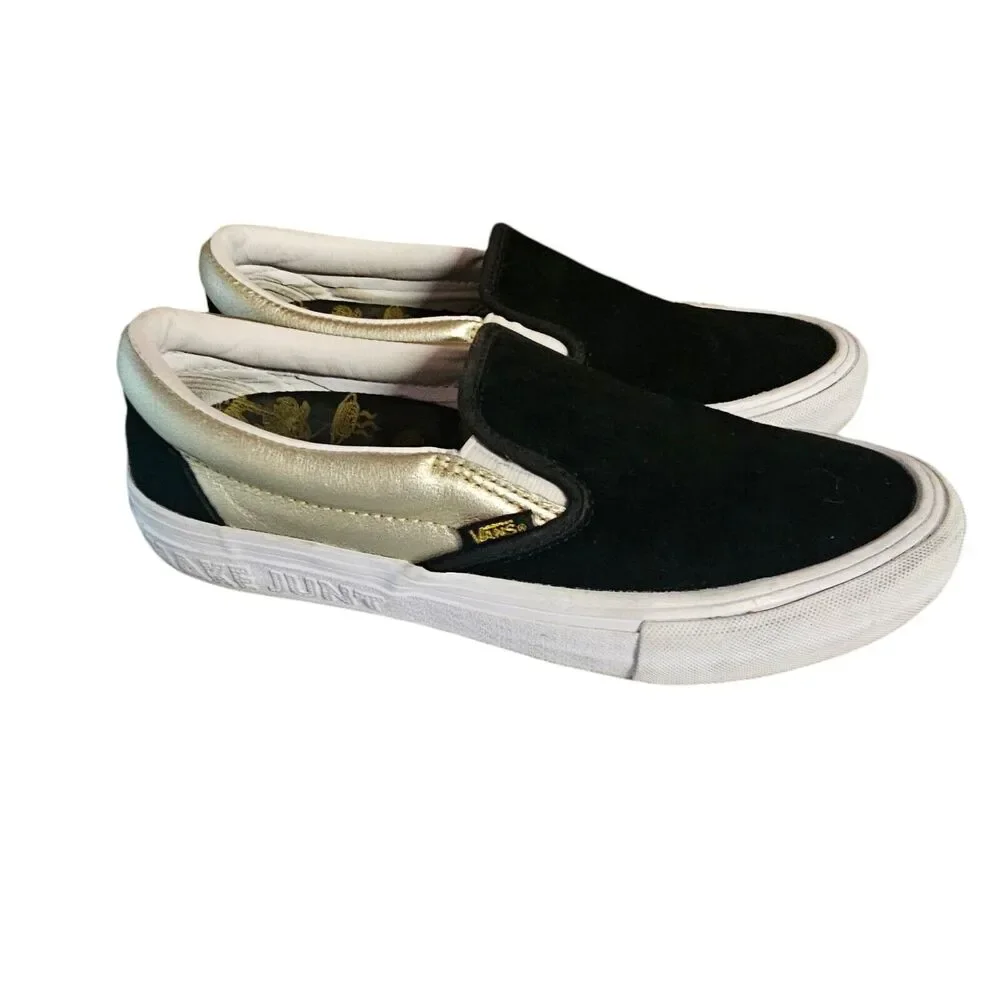 Vans x Shake Junt Slip On Pro Skate Suede Leather Shoes‎ Black Gold Men 7.5